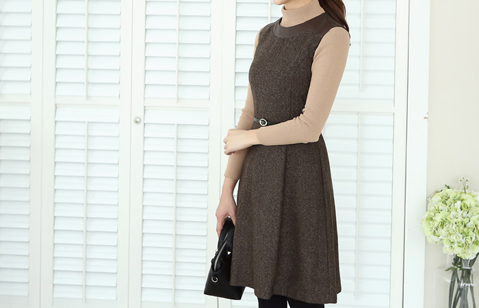 レザーヘリンボーンフレアワンピース