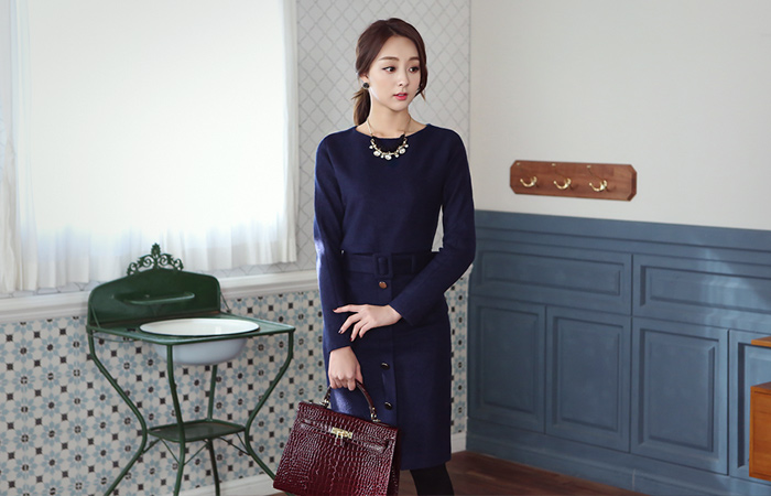 ゴールドボタンテリーウールワンピース