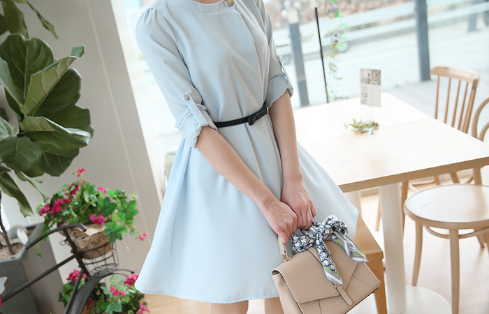 ボタンネックロールアップAラインワンピース