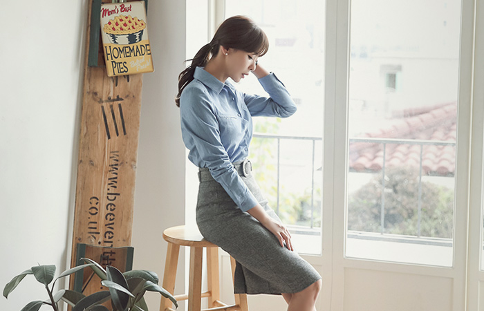 ベーシックスリムフィットデニム面シャツ