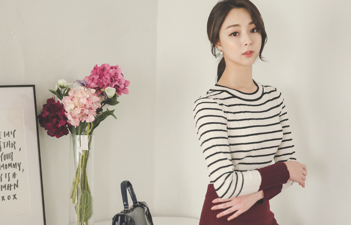 小売配色ストライプニットティー