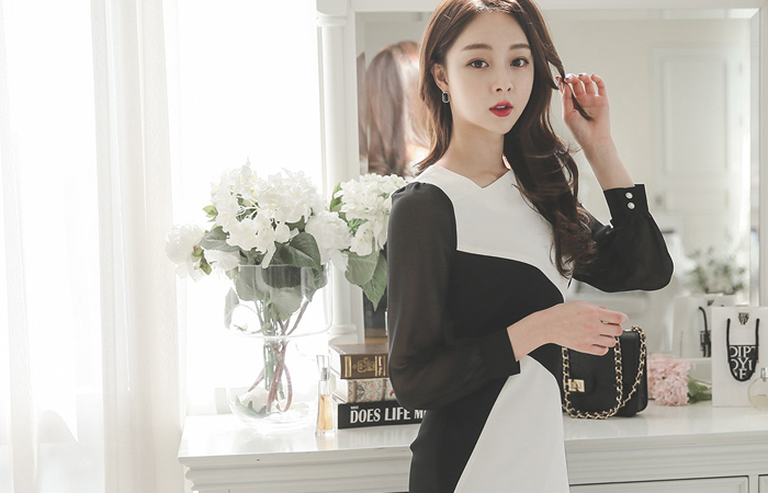 オンバルスクエアネック配色ドレス