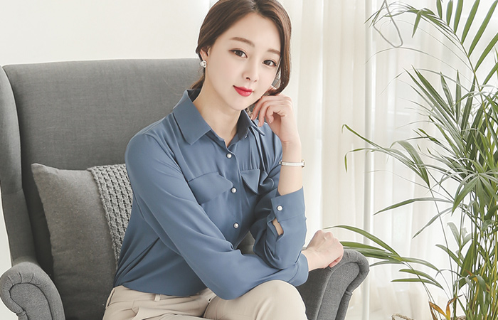 カラーポケットパールボタンブラウス（7分袖）