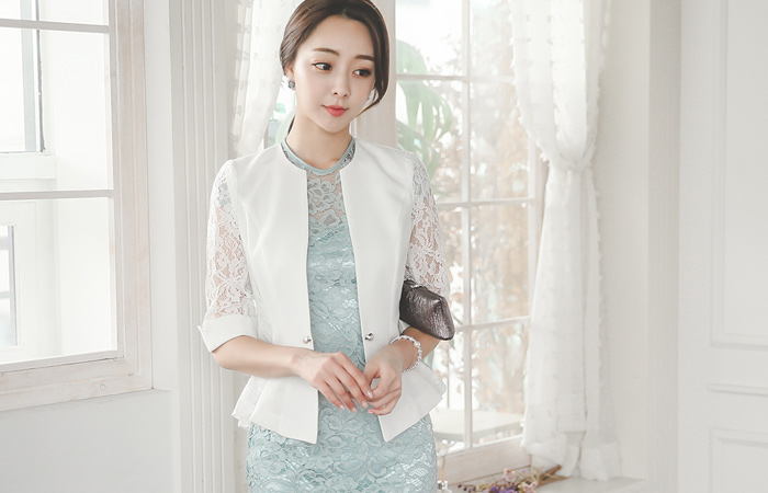 ラグジュアリーパールボタンレイススリーブジャケット