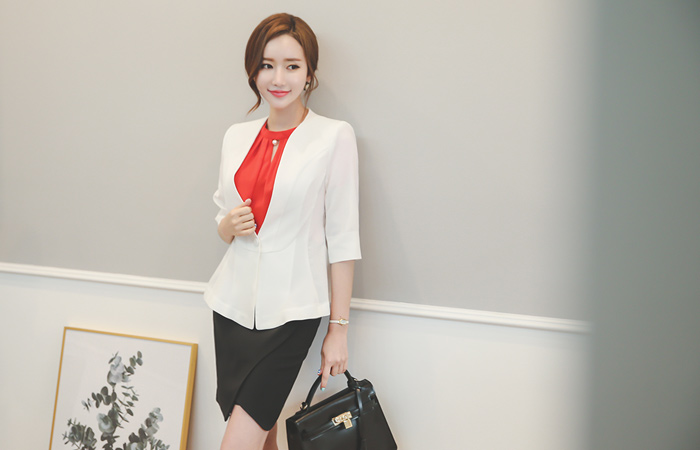 カラー無しAラインジャケット（7分袖）