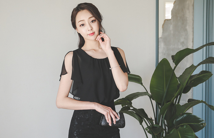 スリットシフォントップレイスドレス