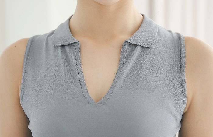 Vひらきカラーニットティー