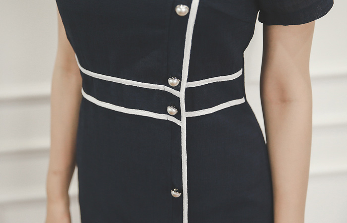 パールボタンバイアスリネンタッチドレス