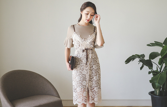 ラッフル袖ロングティー・レイスドレスSET