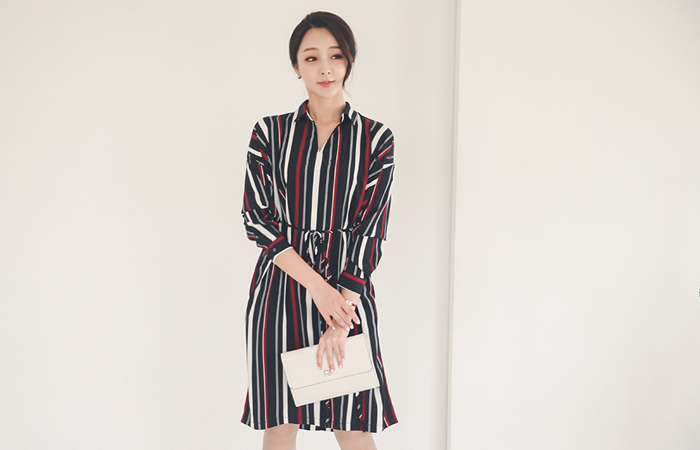 ストライプ半オープンシャツドレス