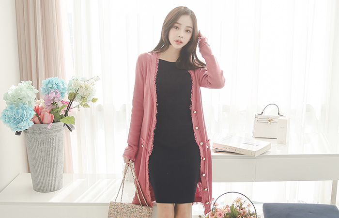 ココパールボタンフリンジロングカーディガン