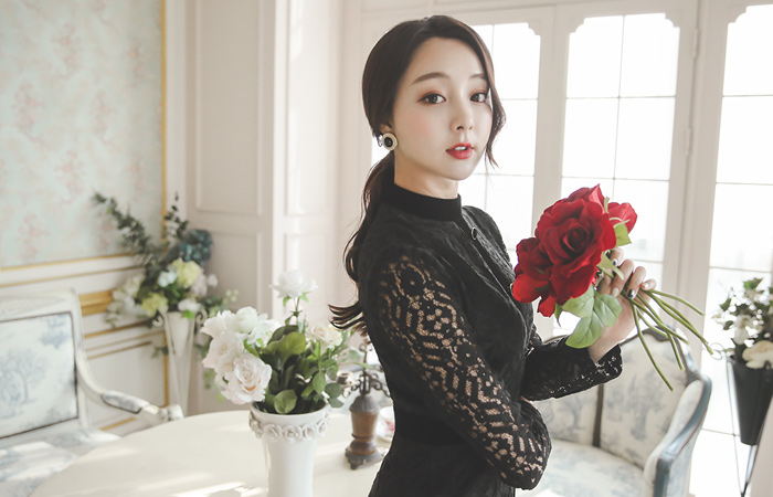 リッチベルベットラインボタンレイスドレス