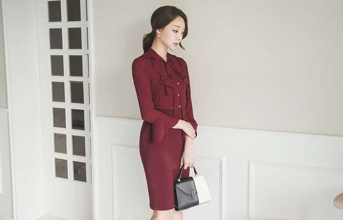 リボンタイラッフルシフォントップドレス