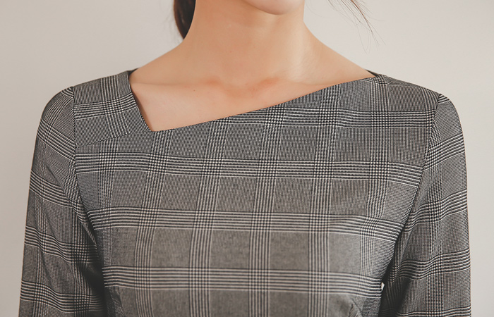 グレンチェックスクエアネックドレープドレス