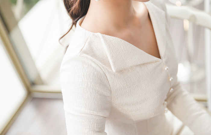 オープンカラー真珠ツイードドレス