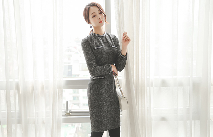 ブレードトリミングツイードドレス