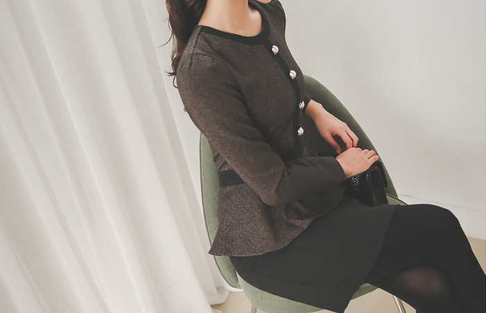 パールボタンヘリンボーンボカシページプラムドレス