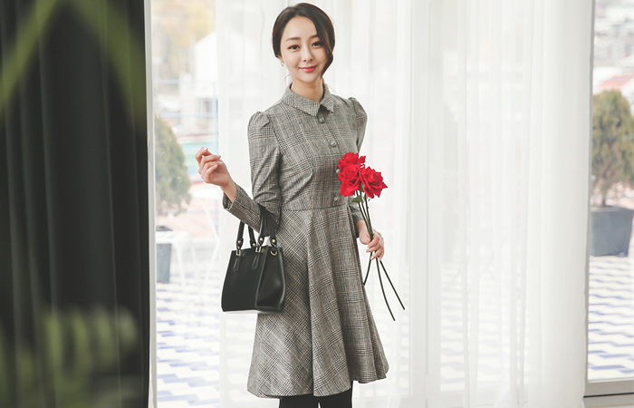 グレンチェックウールシャツフレアドレス