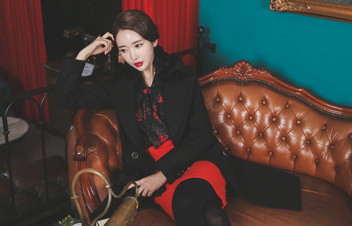 ラビットファーカラースリムダブルウールコート