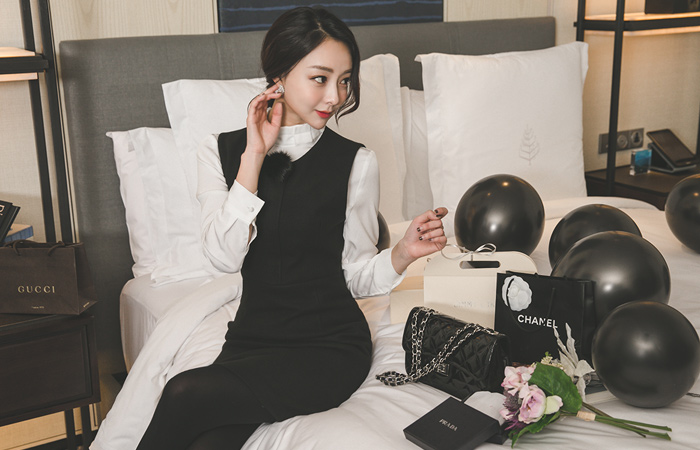 リアルミンクブローチウールウールブラックワンピース