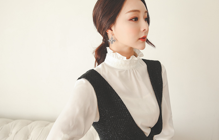 メタルパールツイードサスペンダードレス