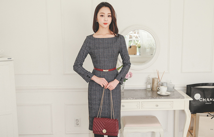 クラシックグレンチェックボートネックドレス