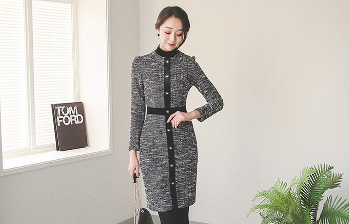 ベルベットラインアンティークボタンツイードドレス