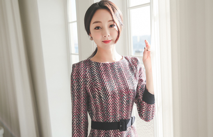 カーマ理由ヘリンボーン配色ドレス