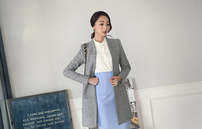 カラー無し切開ステッチウールコート