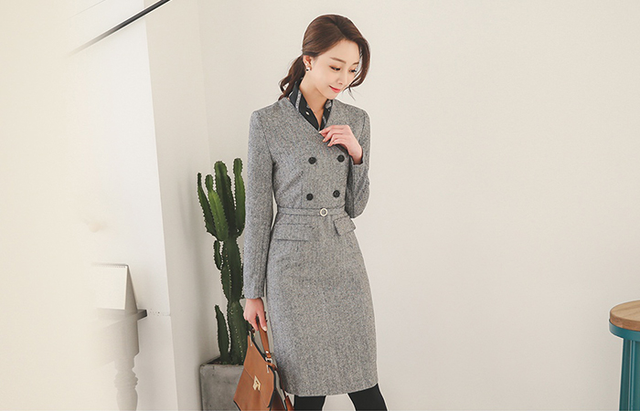 ヘリンボーンダブルボタンドレス