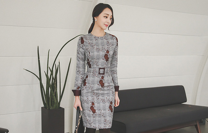 グレンチェックフラワー刺繍ドレス