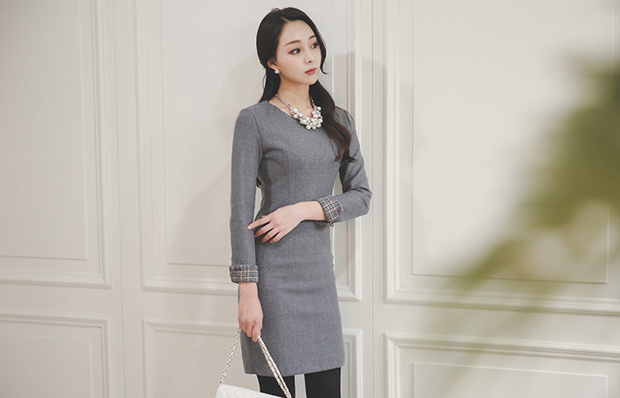 グレンチェック配色袖スリムドレス