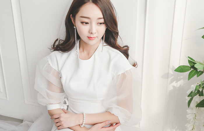 オーガンザスリーブフレアロングワンピース