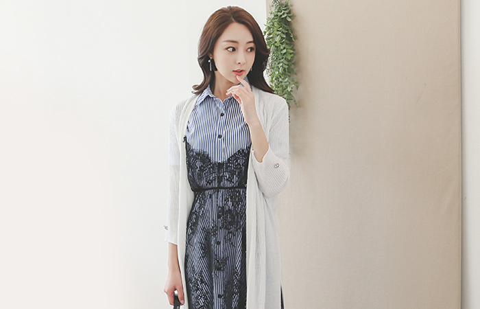 リング真珠カフススリットロングカーディガン