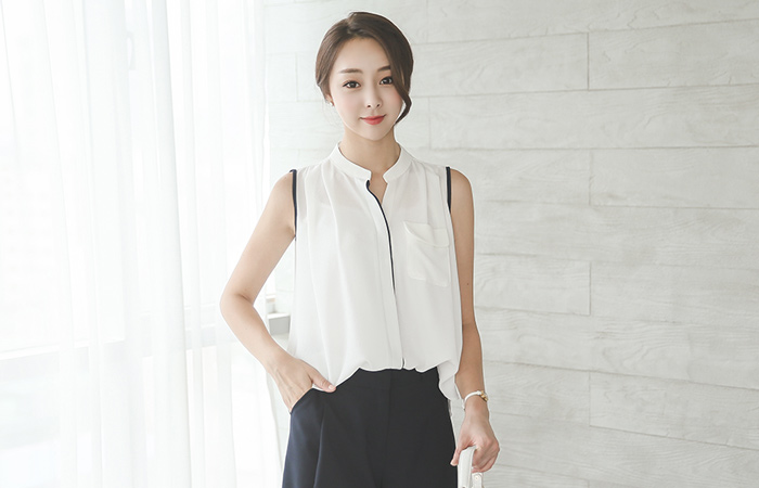 ポケットチャイナ配色ラインブラウス