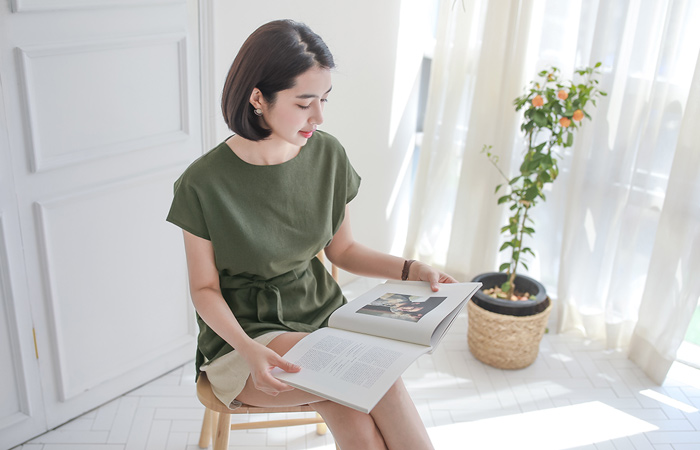 リネンキャップスリーブベルトロングブラウス