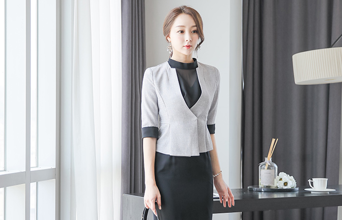 スクエアカラー無し小売配色ショートジャケット