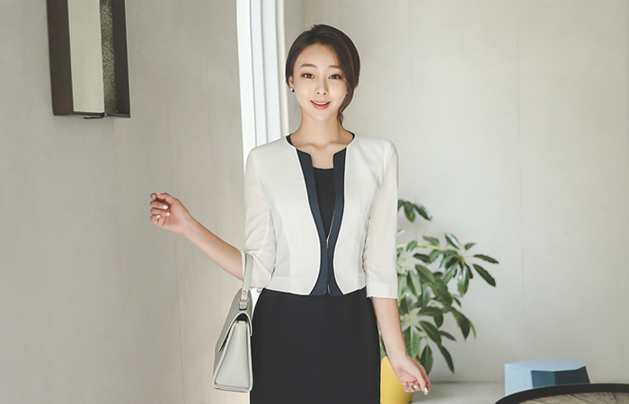 リネンタッチライン配色カラー無しショートジャケット