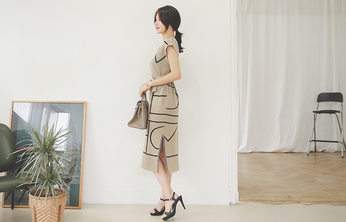 ラインハートネックストラップベルトニットワンピース