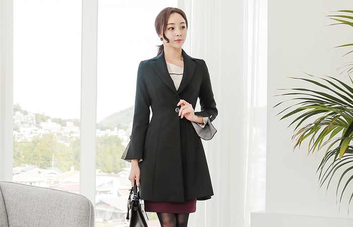 チェック配色スリットベルカフスロングジャケット