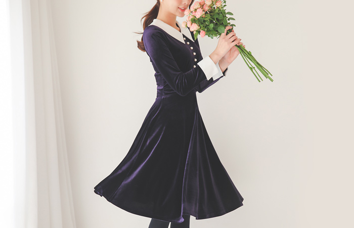 ポイントテッド真珠ベルベットシャーリングドレス