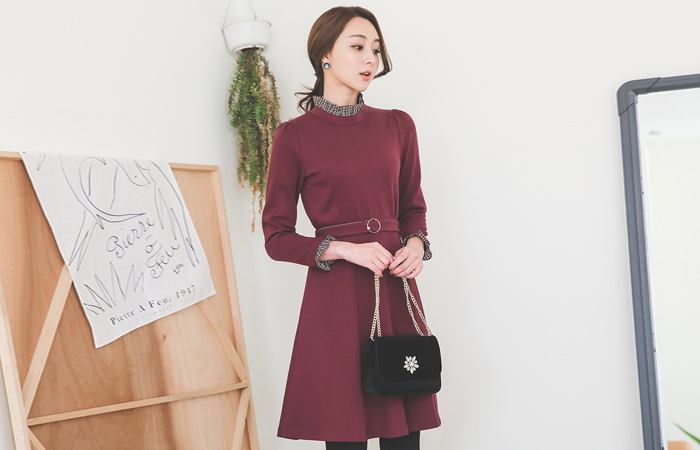 チェックフリルトリミング真珠リングベルトドレス