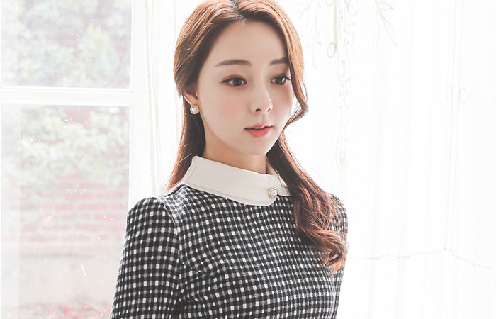 クラシックギンガムチェック真珠カラー配色ドレス