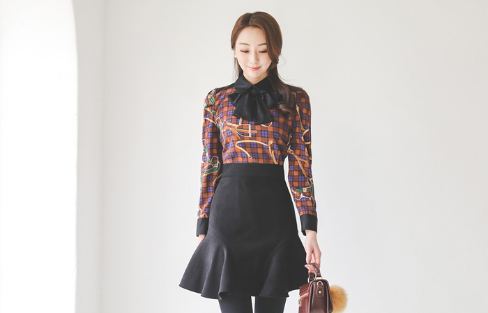 アンティークチェーンチェックリボンタイドレス