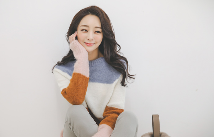 カラー配色ラウンドアルパカウールロングニット