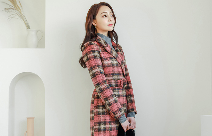 アルパカタッチベルトチェックウールコート