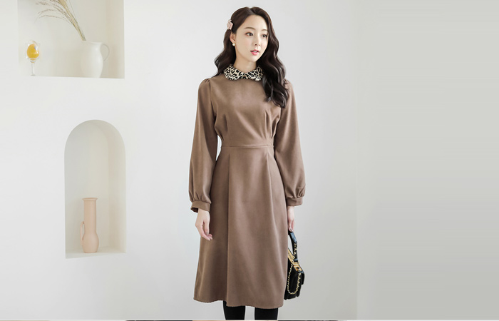 レオパードカラーパフフレアロングワンピース