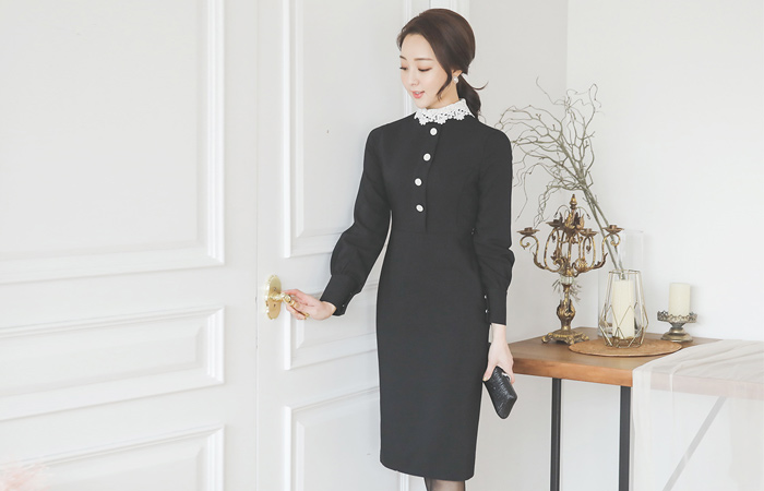 Cocoレース刺繍 カラーボタンワンピース