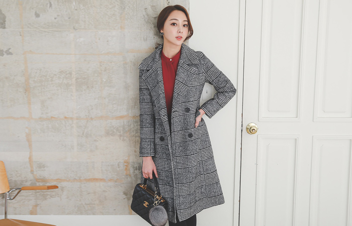 グレンチェックダブルキルティングロングコート