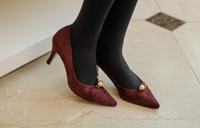 [モデル着用35次]スエードゴールドリング 真珠 スティレットヒール